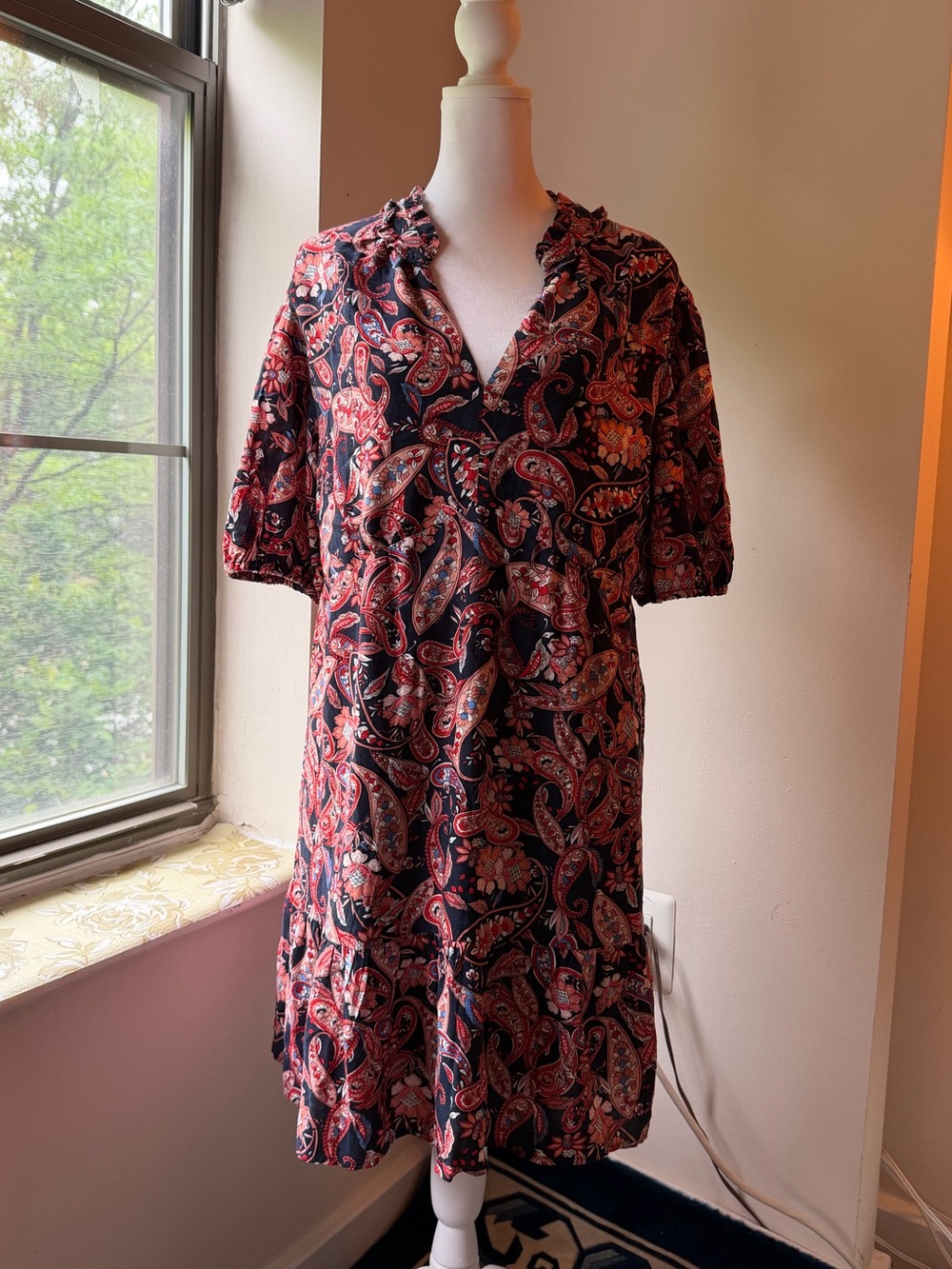 Collective Concepts Black & Red Paisley V-Neck Ruffle Midi Dress Size XL EUC